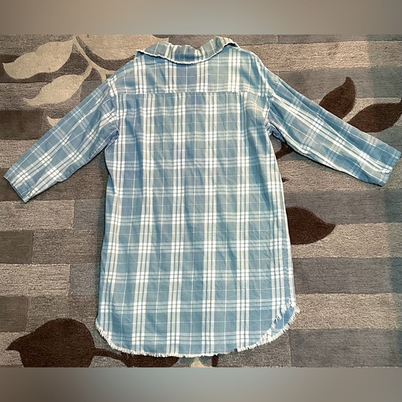 Venti 6 3/4 Sleeve Plaid Blue White Tunic Dress Button Up Chunky Collar Raw Hem - Picture 4 of 4